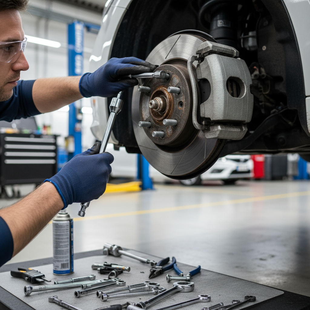 Mechanic inspecting a car's brake system