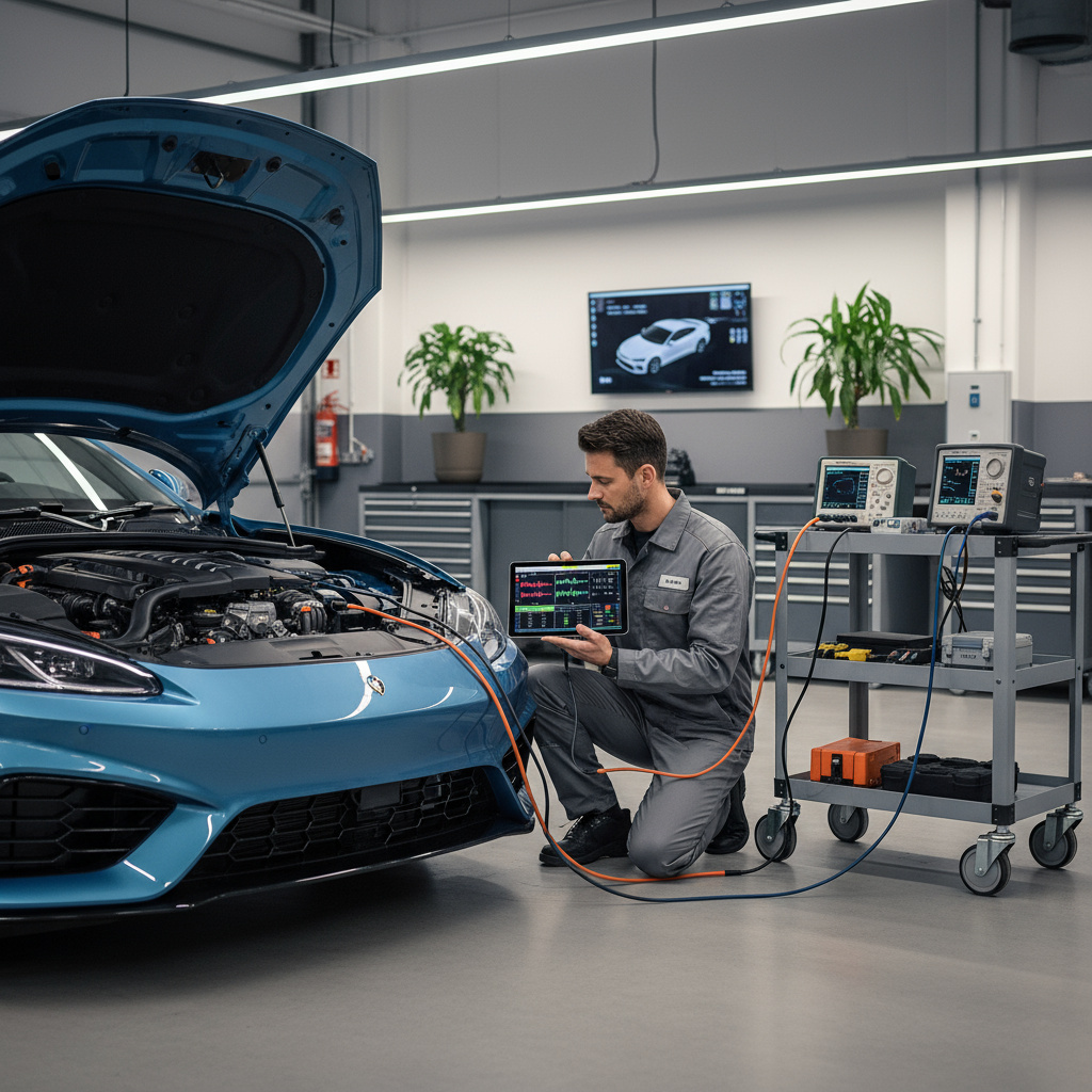 Technician performing engine diagnostic tests with a tablet